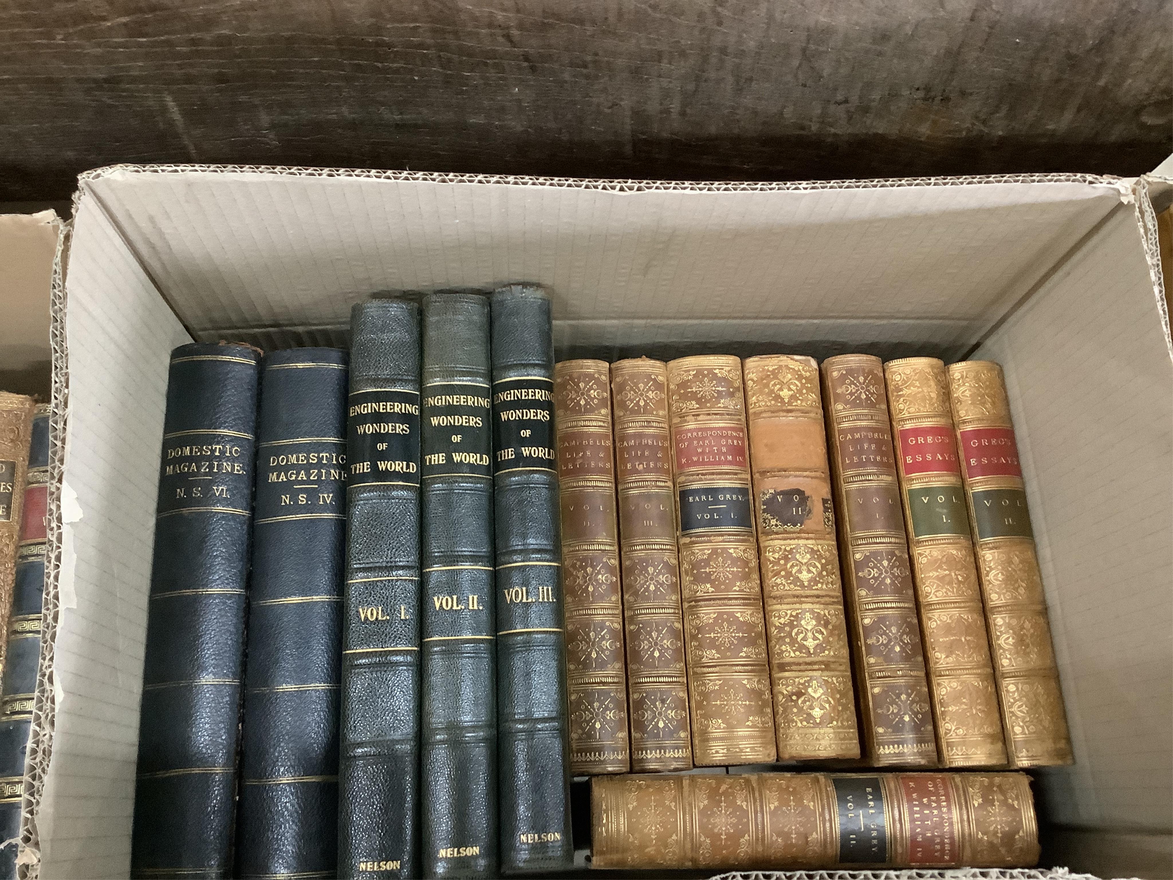 Three boxes of leather bound books to including Alison - History of Europe, The Dictionary of Gardening, etc., approximately 38 volumes. Condition - fair